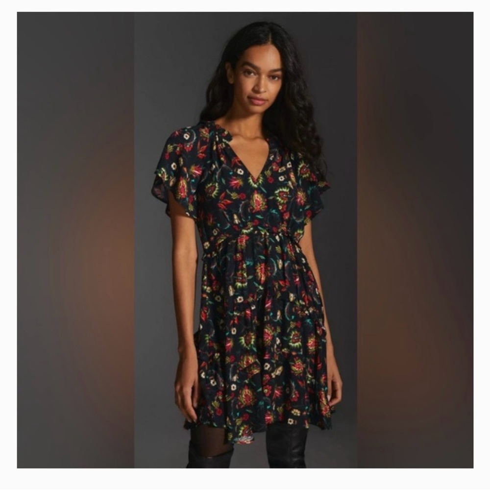 Anthroplogie Floral V-Neck Flutter Sleeve Dress